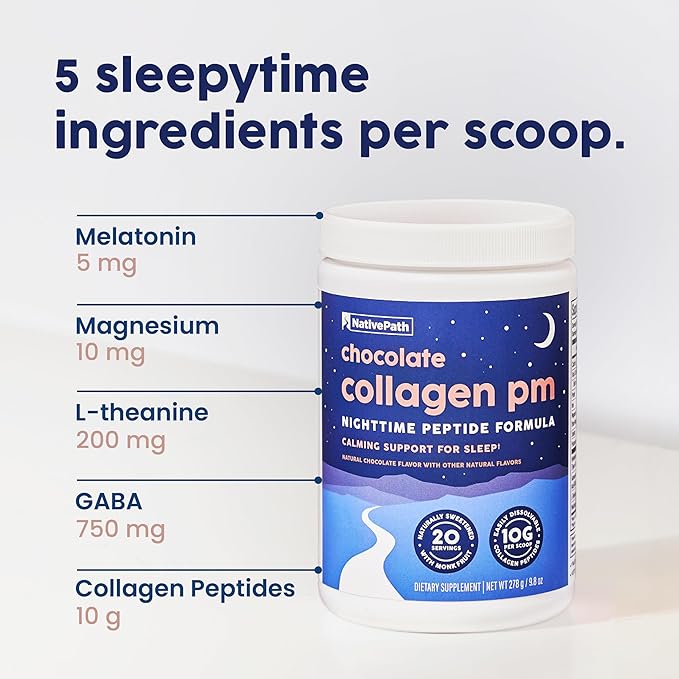 NativePath Collagen PM - Chocolate Nighttime Collagen Peptides Powder with Magnesium, GABA, L-Theanine and Melatonin - 20 Servings