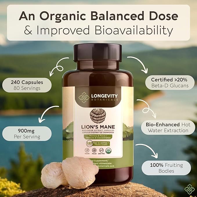 Longevity Botanicals Organic Lion’s Mane Mushroom Extract Capsules (240) | Concentrated 8:1 Ratio | 100% Fruiting Bodies | Hericium Erinaceus Nootropic Supplement for Focus, Memory & Brain Support