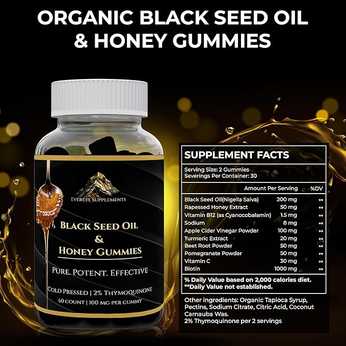 Pure Black Seed Oil and Honey Gummies - 2000mg Per Serving, Maximum Potency - Cold Pressed Natural Black Seed Oil with Honey - 2% Thymoquinone, Nigella Sativa - Potent Formula - Tastes Like Candy
