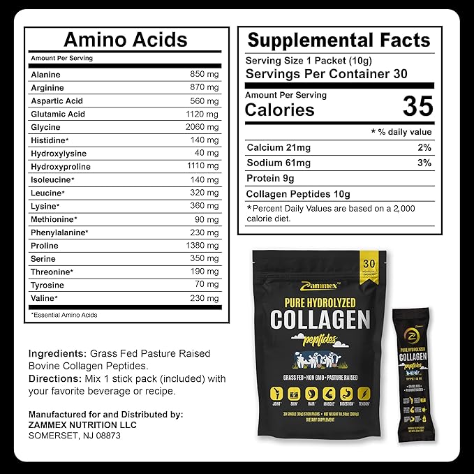 Zammex Premium Collagen Peptides Powder, 30 Sticks Travel Packets(Type I, III), Unflavored Collagen Protein Powder to Go, Hydrolyzed Collagen Peptide for Skin Hair Nail Joint, 10g per Serving