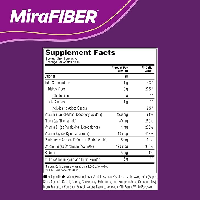 MiraFIBER Gummies, From The Gut Experts at MiraLAX, 8g of Daily Prebiotic Fiber with B Vitamins to Support Digestive Health and Metabolism, Fruit Flavored Fiber Gummies, 72 Count