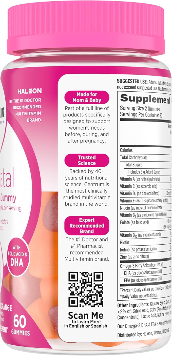 Centrum Prenatal Multivitamin Gummies with DHA and Folic Acid, Mixed Berry and Orange Flavors - 60 Count, 30 Day Supply