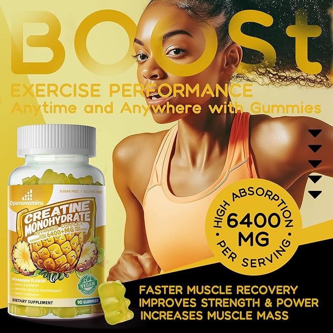 Creatine Monohydrate Gummies Complex for Men & Women -Advanced Formula W/L-Taurine + Vitamin B12, Sugar Free Chewable Supplement,90 Pineapple Gummies