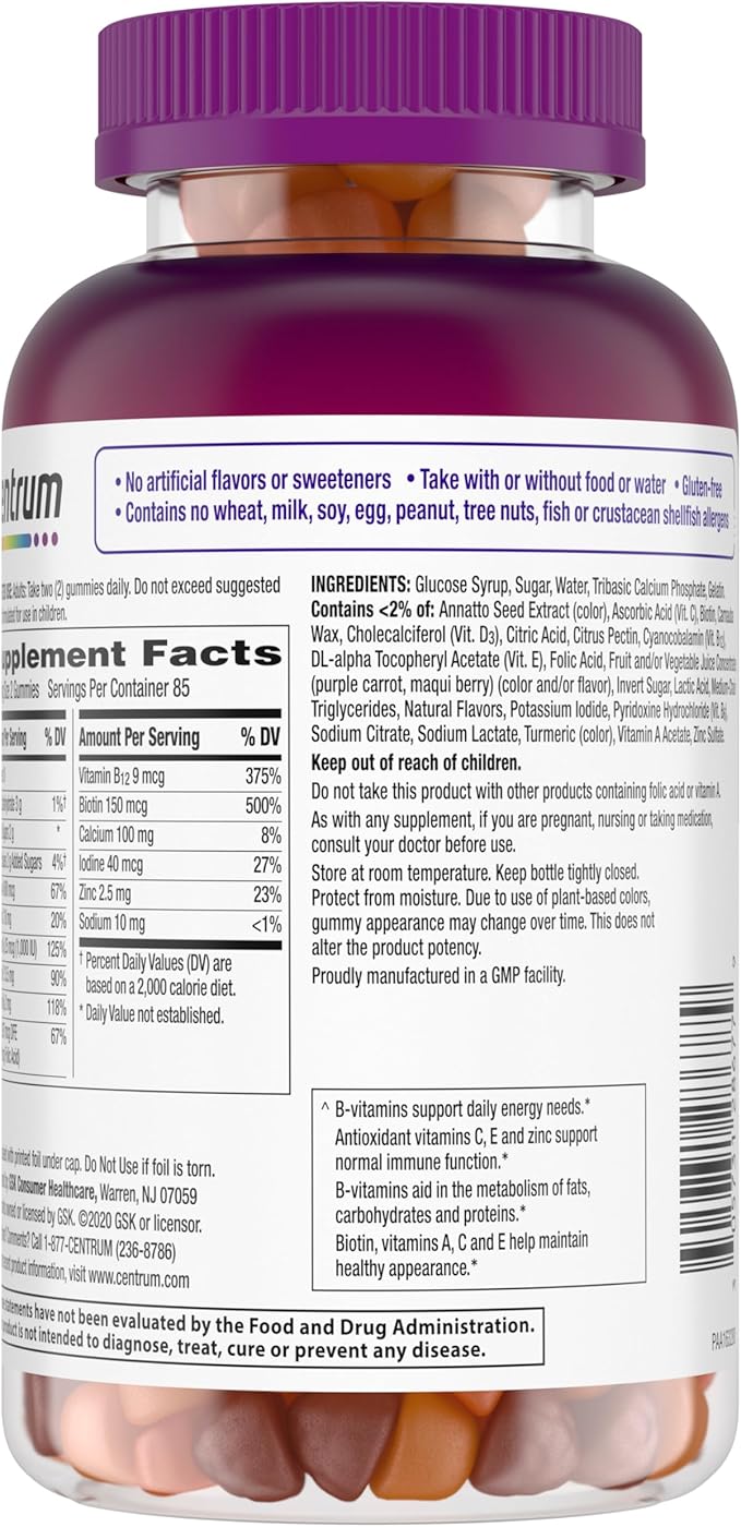 Centrum MultiGummies Gummy Multivitamin for Women, Multivitamin/Multimineral Supplement with Vitamin D3, B Vitamins and Antioxidants, Assorted Fruit Flavor - 170 Count