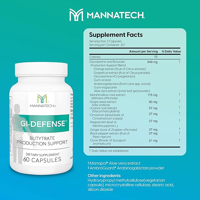 Mannatech Butyrate Supplement - Supports Gut Barrier Function, Intestinal Health, and Digestive Comfort - Promotes Short Chain Fatty Acid Production, Immune Support Supplement GI-Defense 60 Capsules