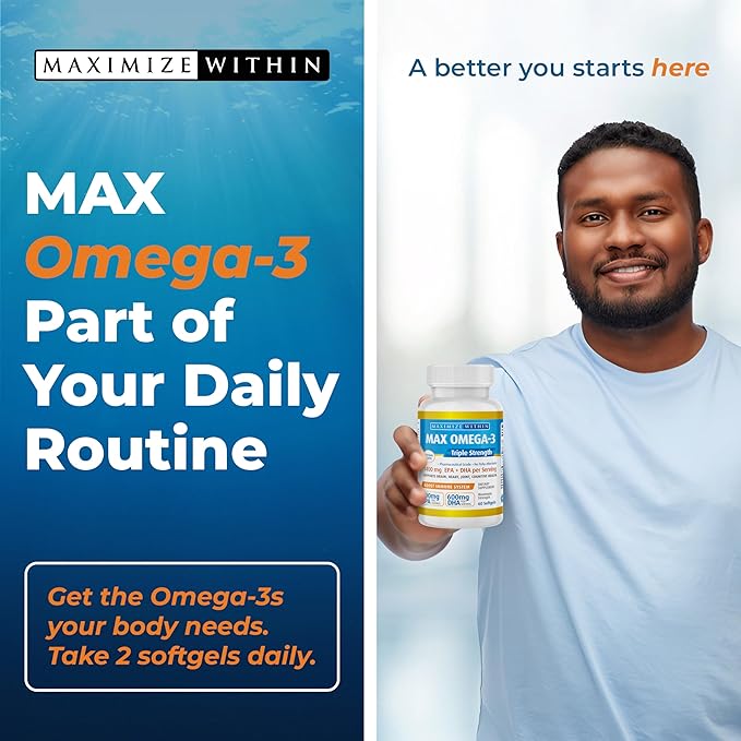 Maximum Slim Max Omega 3 Fish Oil Pills - Triple Strength Fish Oil Supplement (2000 mg Total Omega 3 Fatty Acids: 600mg DHA + 800 mg EPA per Serving)