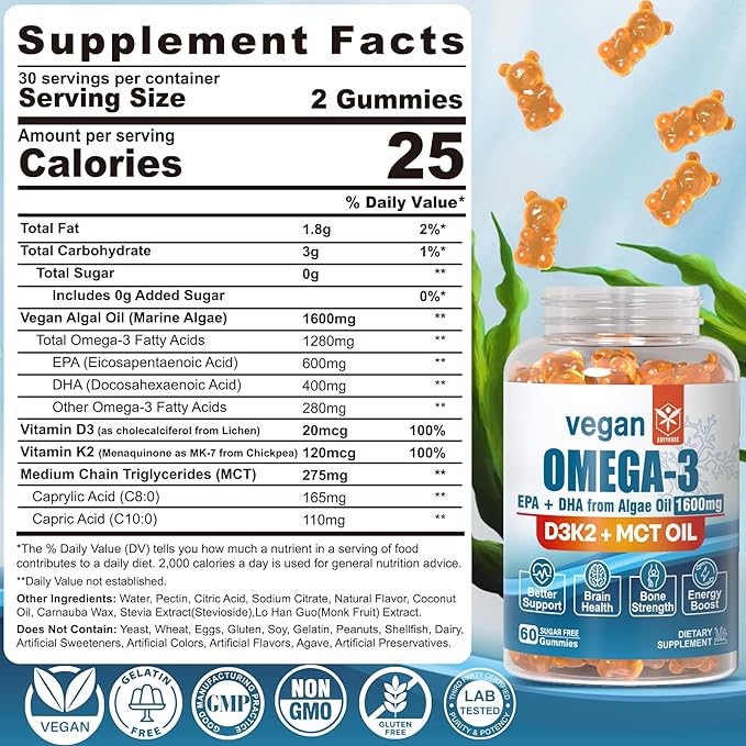 Vegan Omega 3 Gummies 1280mg + Vitamin D3 K2 (MK7), Omega 3 Fish Oil Alternative for Adults, w/Algae EPA 600mg & DHA 400mg, MCT Oil - No Fish Taste - for Brain, Eye, Immune Health, Sugar Free, 1 Pack