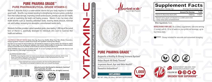 Metabolic Nutrition Vitamin C, 1000mg, Pure Pharma Grade, High Absorption Ascorbic Acid (300 g)