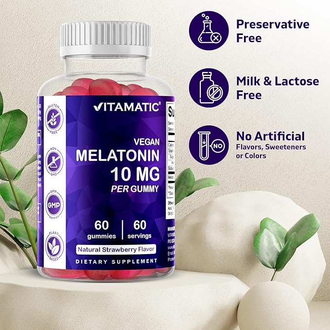 Vitamatic Melatonin 10 mg Vegetarian Gummies – Non-Habit Forming – 60 Gummies per Bottle – 2-Pack (Total 120 Vegan Gummies)