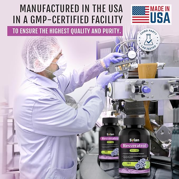 SYLAN Trans Resveratrol Supplement, 1000mg, 180 Veggie Capsules, Antioxidant, Supports Heart, Joint, Brain, Immune Health & Anti-Aging, Non-GMO, Made in USA, Resveratrol 500mg Powder per Capsul