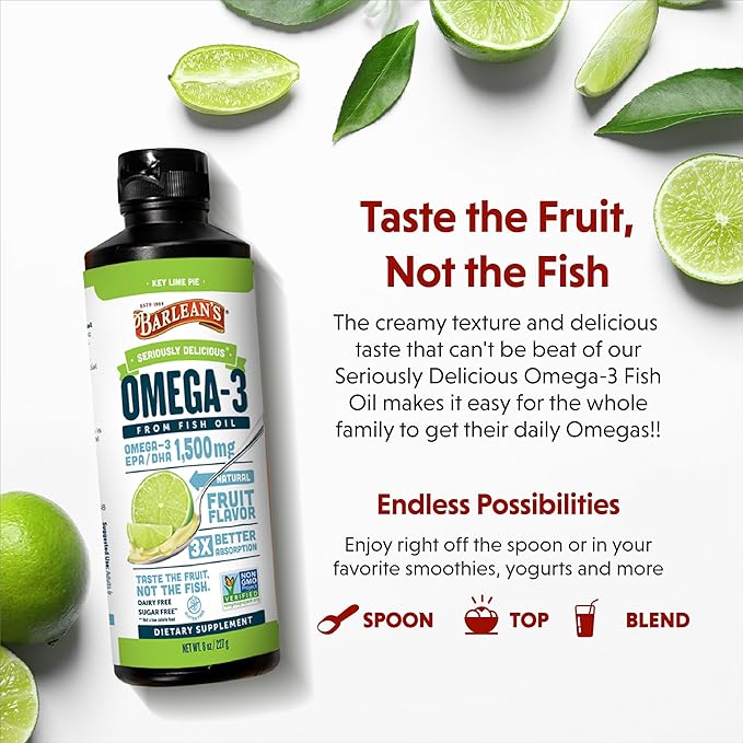 Barlean's Key Lime Pie High Potency Omega 3 Fish Oil Liquid Supplement, 1500mg of EPA& DHA Fatty Acid, Smoothie Flavored & Burpless for Brain, Joint, & Heart Health, 8 oz