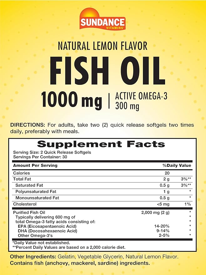 Sundance Fish Oil 1000mg | 60 Softgels | Natural Lemon Flavor | with Active Omega-3 | Non-GMO and Gluten Free Supplement