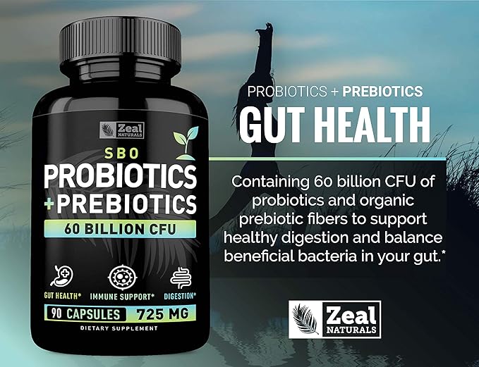 Probiotics and Prebiotics + SBO Probiotics (60 Billion CFU | 90 Capsules) Acidophilus Probiotic w. Saccharomyces Boulardii, Bifidobacterium + Spore Probiotic & Organic Sprouted Prebiotic Fiber Blend