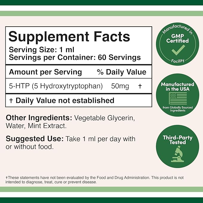 5HTP Liquid Drops - More Absorbable and Effective Than 5 HTP Capsules (60 Servings of 50mg 99%+ 5-HTP) Serotonin Supplement for Mood, Sleep, and Relaxation by Double Wood