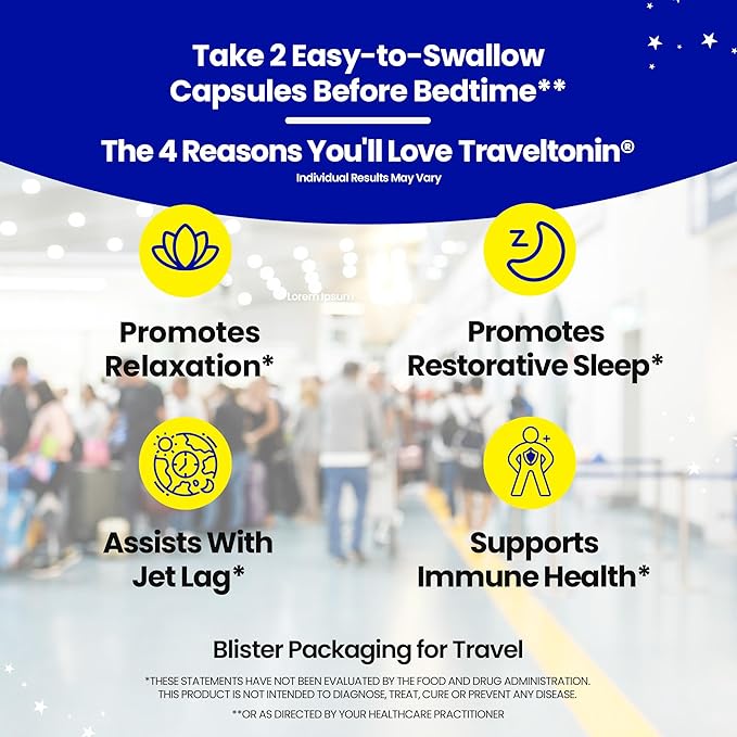 Travel Sleep Aid | Get Jet Lag Relief, Restorative Sleep, Immune Support | Flight, Hotel Essential | 5-in-1 Formula w/Melatonin, Ashwagandha, L-Theanine, GABA, Lemon Balm | 20 Capsules | Blister Packs