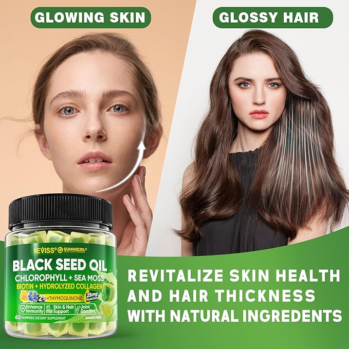 NEVISS Black Seed Oil Gummies, Chlorophyll & Sea Moss Supplement + Prebiotics Fiber Gummies for Adults Sugar Free