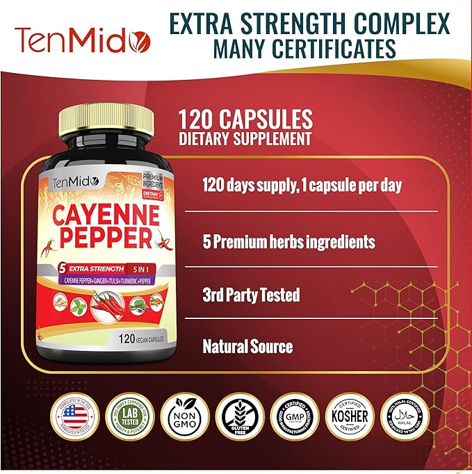 Cayenne Pepper Supplements Extract Capsules, 4 Months Supply with Ginger, Turmeric Curcumin, Tulsi, Black Pepper - Supports Immune System, Promotes Digestive System Function - 120 Vegan Capsules