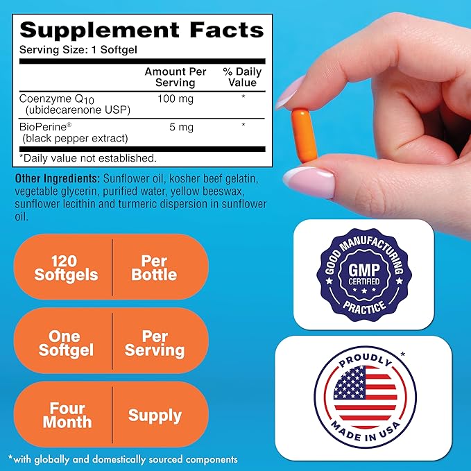 Health Thru Nutrition CoQ-10 100mg with BioPerine 120 Softgels | High Absorption Naturally Fermented USP Grade Coenzyme Q10 Supplement | 3rd Party Tested | Heart Health and Energy Support