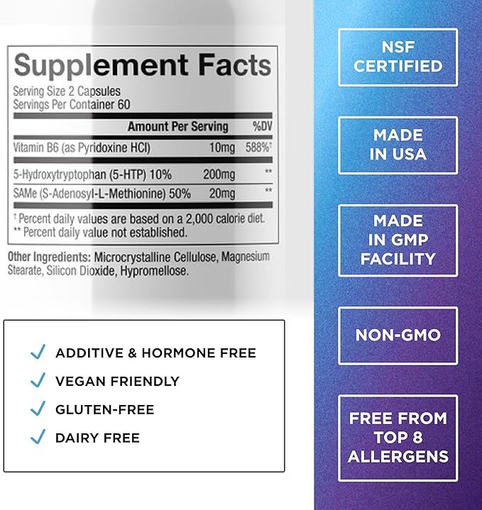 DR. EMIL NUTRITION 200 MG 5-HTP Plus with SAM-e for Mood, Stress, and Sleep - 5HTP Supplement with Vitamin B6-120 Vegan Capsules, 60 Servings