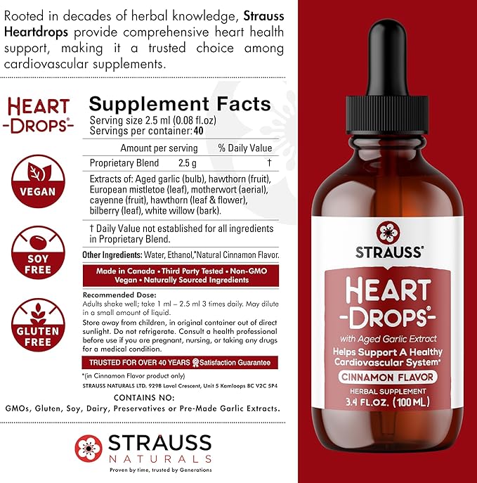 Strauss Naturals Heartdrops, Herbal Heart Supplements with European Mistletoe and Extracts of Aged Garlic, 3.4 fl oz, Cinnamon Flavor