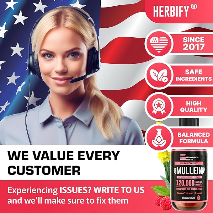 HERBIFY Mullein Drops - Lung Cleanse - Leaf Extract - Powerful Mullein for Immune Support, Detox & Respiratory Support - Made in USA - 4 Oz Raspberry Flavor
