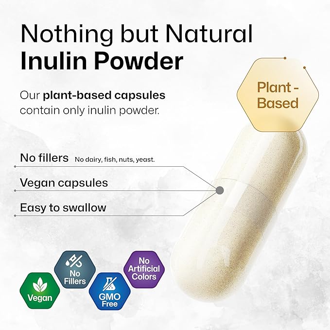 BIO KRAUTER Inulin Powder Capsules - 1200 mg Strength - 100 Count - Pure Soluble Fiber Supplements - Chicory Root Fiber Capsules for Digestive Support - Vegan