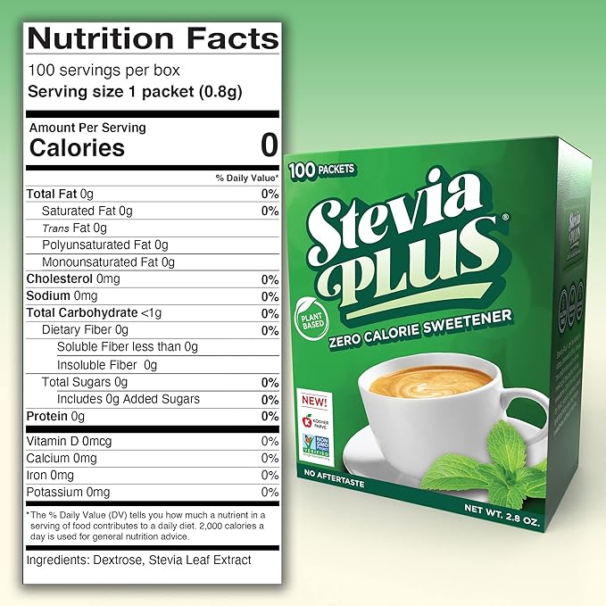 SweetLeaf Stevia Plus Powder Packets- Zero Calorie Sweetener with Stevia Leaf Extract, No Artificial Sweetener Additive, Sugar Free, Keto Friendly, Non GMO, Gluten Free- 100 Count (Pack of 1)