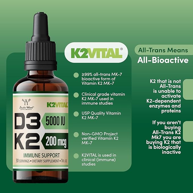 Vitamin D3 K2 5,000 IU Liquid Drops (5,000 IU of D3 and 200mcg of 99.9% All-Trans Patented K2 MK-7 (K2Vital)) Max Absorption Liquid Vitamin D Drops (30 Servings) by Double Wood