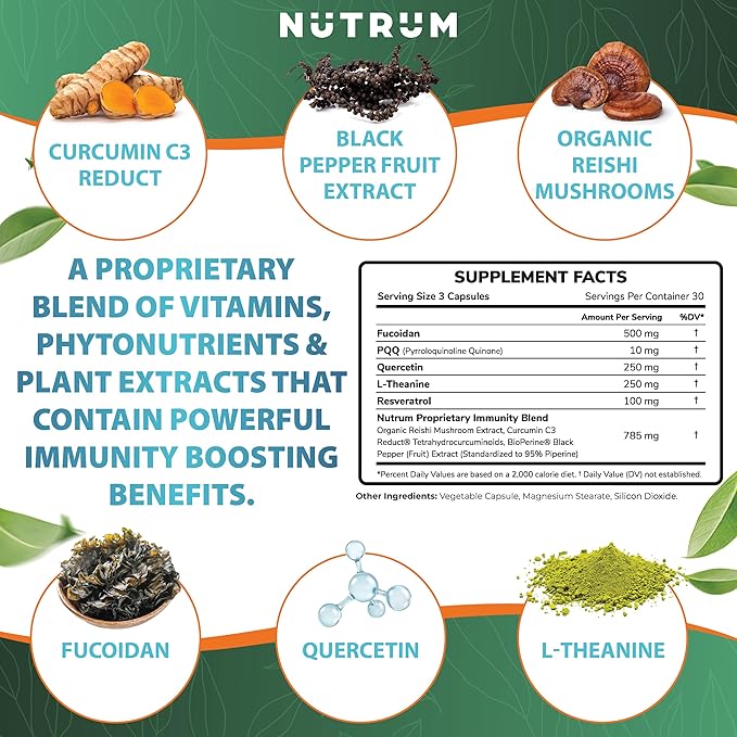 Advanced Immune Support Supplements with Curcumin by Nutrum, Vegan Formula for Cellular Health, Promotes Regeneration of Damaged Cells with Fucoidan, Immunity Boost with Herbal Extracts, 90 Capsules