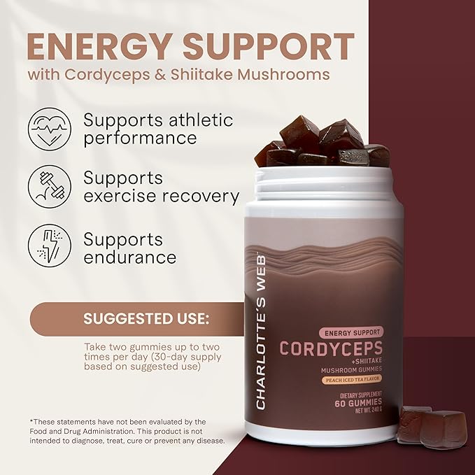 Charlotte's Web Energy Support Mushroom Gummies w/Cordyceps & Shiitake Mushrooms, Caffeine-Free Energy Supplements — Cordyceps Mushroom Gummies, Peach Iced Tea Flavor (30 Servings)