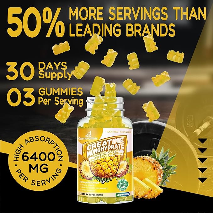 Creatine Monohydrate Gummies Complex for Men & Women -Advanced Formula W/L-Taurine + Vitamin B12, Sugar Free Chewable Supplement,90 Pineapple Gummies