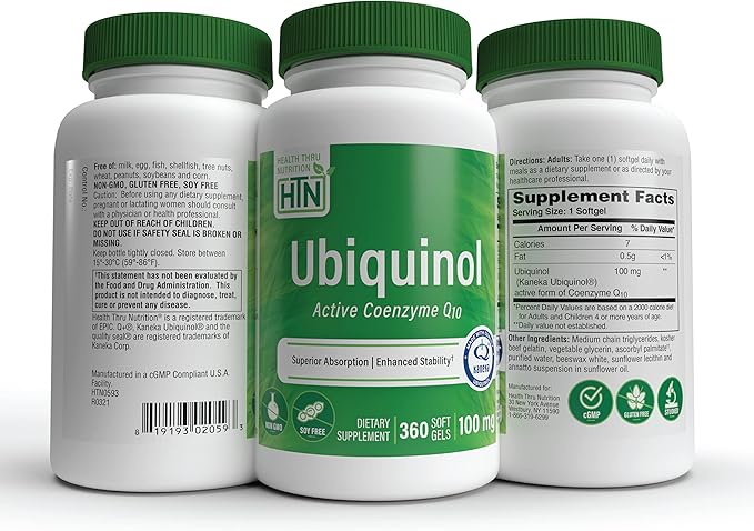 Health Thru Nutrition Ubiquinol 100mg 360 Softgels as Kaneka QH Reduced CoQ-10 | Stabilized - 3rd Party Tested | Enhanced Bioavailability | Cardiovascular & Mitochondria Function Support | Non-GMO