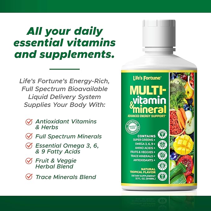 Life's Fortune Liquid Multivitamin for Men, Women & Teens, High Absorption Vitamins with Biotin, Vitamin C, D3, Minerals | Non-GMO, No Sugar Added | Supports Hair, Body Health & Energy | 32 oz