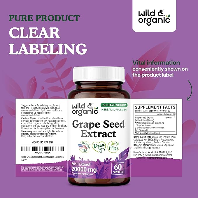 Wild & Organic Grape Seed Extract Capsules - 20,000 mg Strength Grapeseed Extract Equivalent - 95% Polyphenols - 400 mg per Serving - 2 Month Supply - 60 Vegan Capsules - Non-GMO