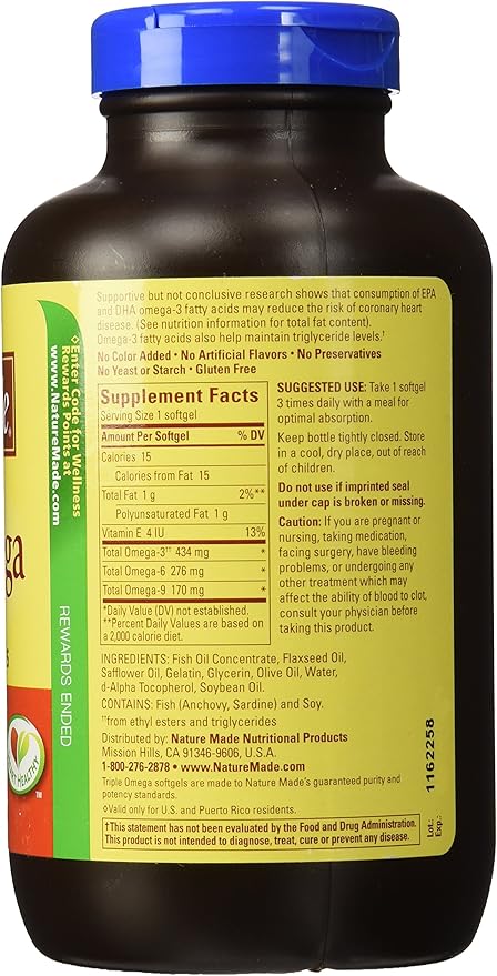 Nature Made Triple Omega 3 6 9 - Fish, Flaxseed, Safflower & Olive Oils - 180 Softgels