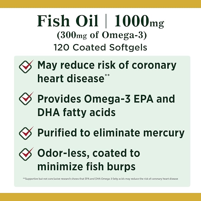 Nature's Bounty Fish Oil, Supports Heart Health, Dietary Supplement, 300mg Omega-3, 120 Coated Softgels
