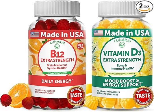 Lunakai Vitamin B12 and Vitamin D3 Gummies Bundle - 3000 mcg B12 and 25 mcg 1000 UI VIT D3 - Gluten Free, No Corn Syrup, Organic, Non-GMO, Plant Based Gelatin Free