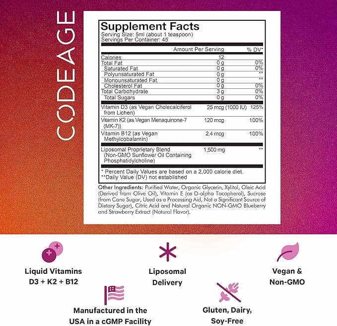 Codeage Liposomal Wonder-D, Vegan Cholecalciferol Vitamin D3 1000 IU Liquid Drops Supplement, Plant-Based Vitamins B12 & K2, Non-GMO Sunflower Phospholipids, Vitamin E, Mixed Berry Flavor, 7.6 fl oz