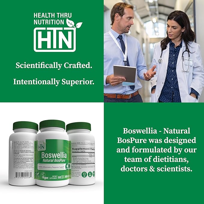 Health Thru Nutrition Boswellia 300mg 60 Capsules as Bospure AKBAMAX | High Potency 75% Boswellic Acids 10% AKBA | Healthy Inflammatory Support | Vegan Certified | Non-GMO, Gluten Free, Soy Free