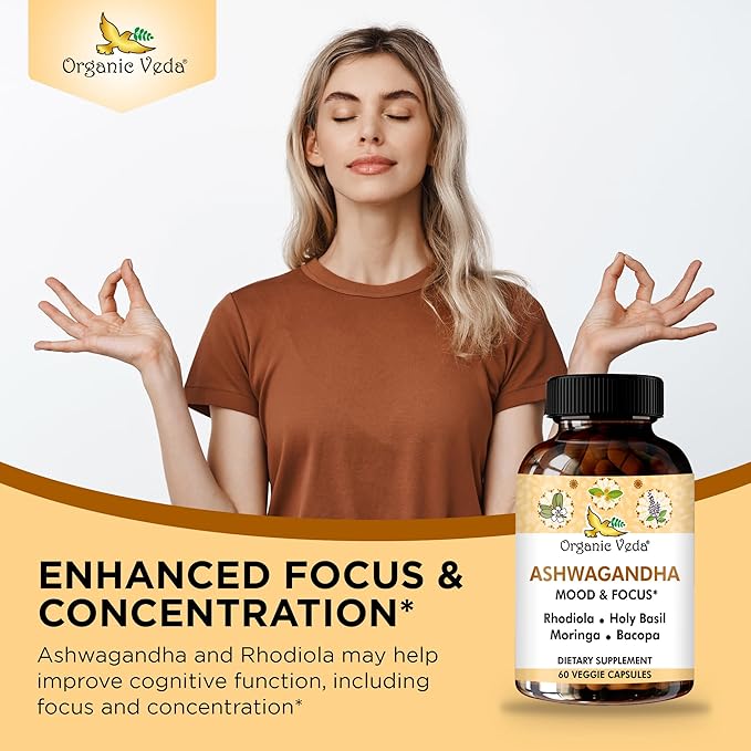 Organic Veda Ashwagandha Mood Support Supplement 1200mg, with Organic Ashwagandha Root, Bacopa, Rhodiola Rosea, Holy Basil, Moringa, Focus & Energy Support - 60 Vegan Capsules