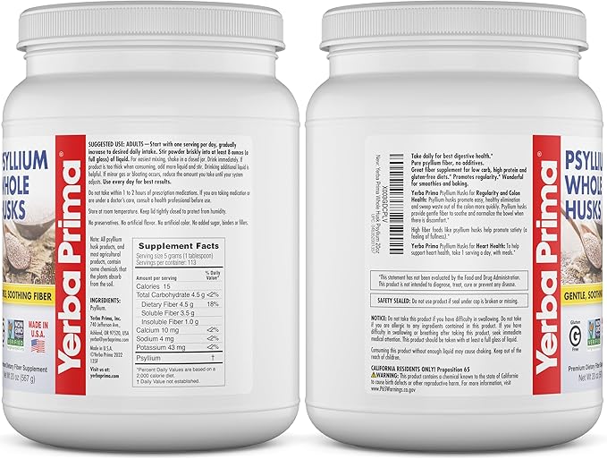 Yerba Prima Psyllium Whole Husks Fiber Supplement - Colon Cleanse - Gut Health - Vegan Non-GMO Gluten Free - 20oz