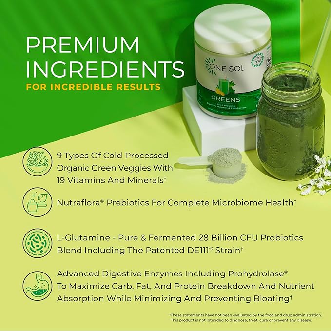 One Sol Greens, Super Greens Powder to Reduce Bloating & Improve Gut Health, Superfood Fresh Bloom Organic Greens Blend Juice & Smoothie Mix, Pre & Probiotic with Digestive Enzymes, Vegan & Soy Free