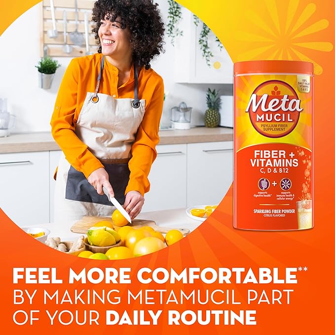 Metamucil Sparkling Fiber Supplement + Vitamins, Plant Based Psyllium Fiber Powder with Vitamins C, D & B12, Daily Supplement for Regularity + Metabolism, Citrus Flavored, Sugar-Free, 90 Servings