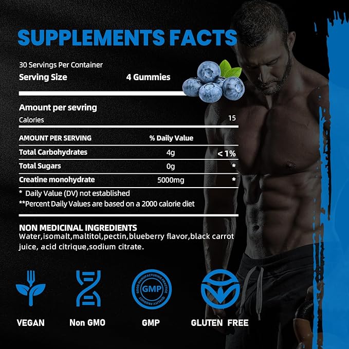 Creatine Monohydrate Gummies 5000mg for Men & Women, Gomitas de Creatina 5g Creatine Monohydrate, 0g Sugar Chewables Creatine Pre-Work Out for Muscle Strength, Vegan,120 Count, Blueberry Flavor