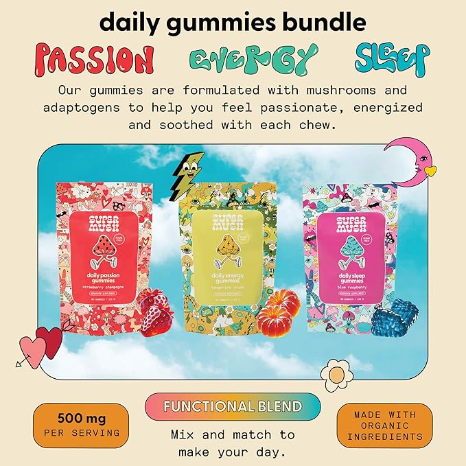 Daily Gummies (Trio Bundle) - Daily Passion, Energy, & Sleep - Mushroom Gummies - Natural, Organic, Vegan, & Sugar-Free Mushroom Supplement - Ashwagandha Supplements with Cordyceps
