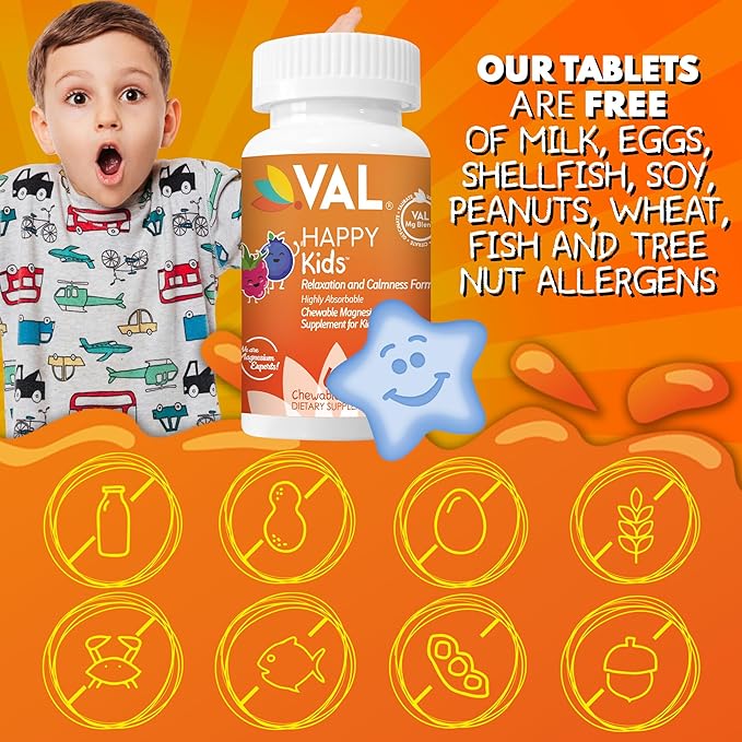 VAL Magnesium for Kids | High-Absorption Magnesium for Calm, Relaxation & Focus | Mg Glycinate, Citrate & Taurate | with Vitamin B6, D & C | Sugar-Free, Non-GMO | 60 Chewable Tablets