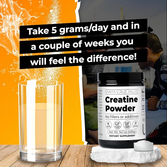 Santa Cruz Paleo Creatine Powder, Supports Muscle Growth & Energy, Gluten Free, Keto, Sugar Free, Paleo, No Fillers or Additives, Creatine Monohydrate Powder, 14.1oz, 80 Servings