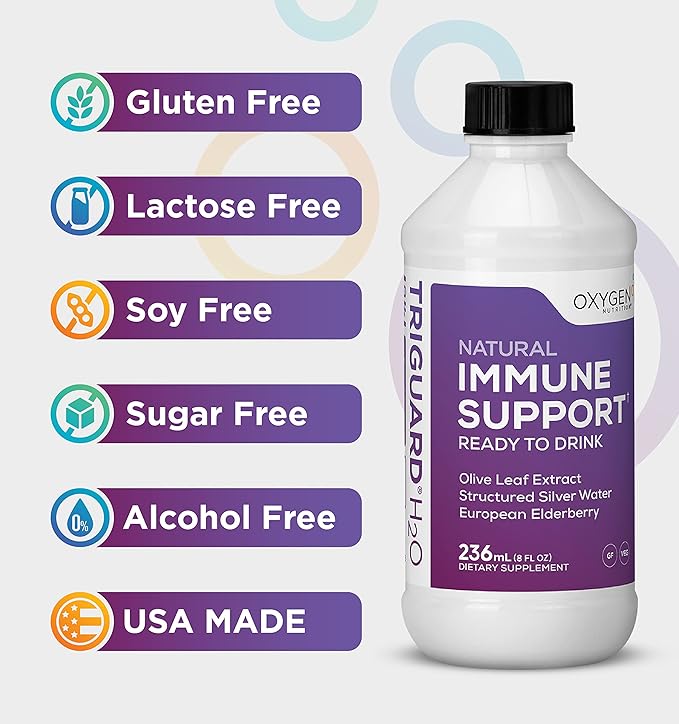 Triguard Plus Colloidal Silver Water, Sambucus Elderberry Extract & Olive Leaf Extract, 3-in-1 Liquid Immune Support Ready to Drink | Powerful Immune System Booster | Great Taste - 8oz, Made in USA