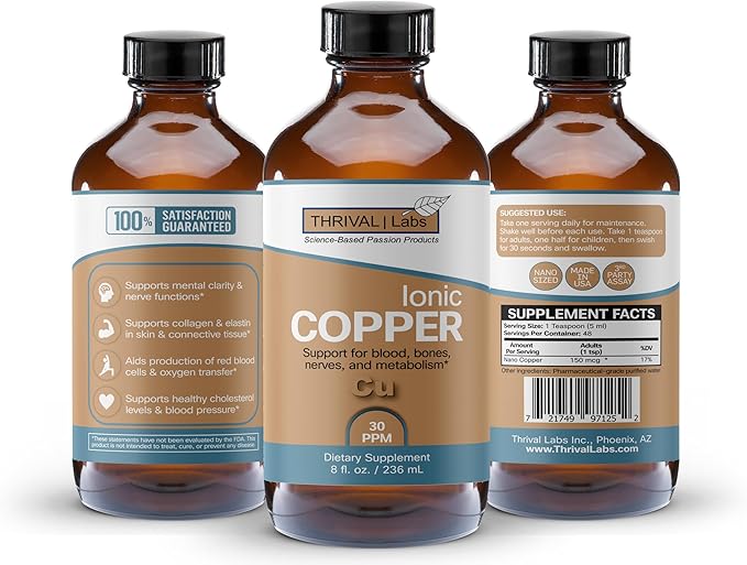 Ionic Colloidal Copper Liquid (30 PPM) | Mental Clarity & Nerve Function | Hair, Skin, Nails & Collagen | Red Blood Cells & Energy Production | Cholesterol Levels & Blood Pressure (16oz)