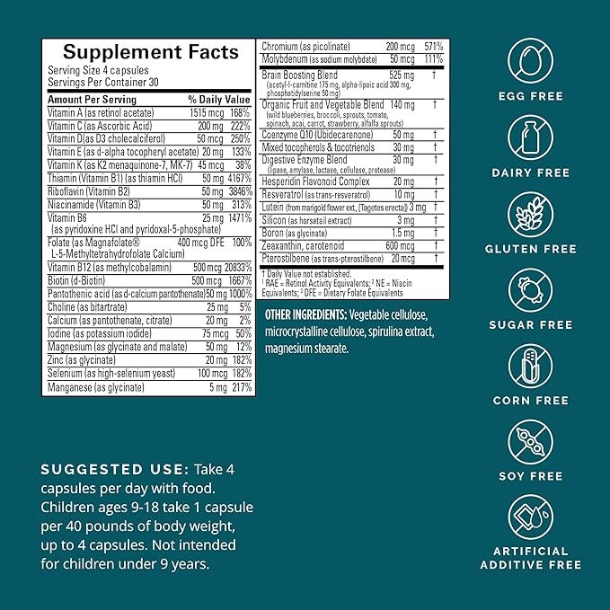 Dr Amen BrainMD NeuroVite Plus - 120 Capsules - Multivitamin & Mineral Supplement, Enhanced with Phytonutrients, Enzymes & Whole Foods - Gluten Free - 30 Servings